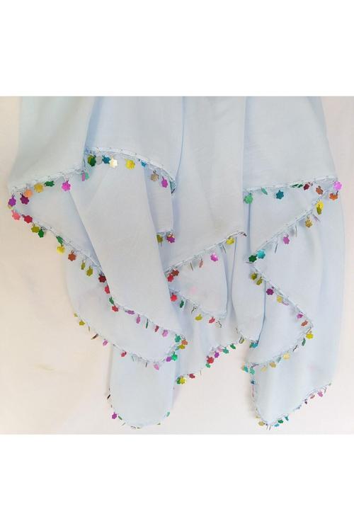 Pullu Tığ Oyası Bebe Mavisi Baş Örtüsü Eşarp Namaz Bezi