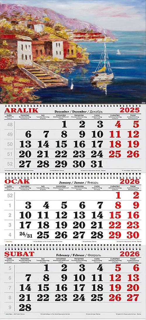  2026 Yılı Gemici Takvimi- Sahilde Evler ve Tekne Yağlı Boya