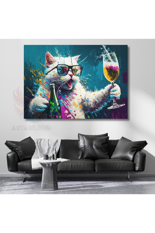 Neşeli Beyaz Kedi Görseli Kanvas Tablo Tasarım Kedi Tablosu