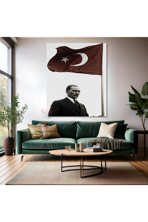 Kanvas Dikey Duvar Tablosu Kanvas Bayrak ve Atatürk Ev Ofis Salon Modern Duvar Tablosu