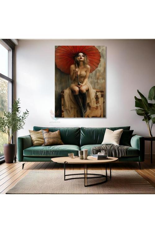 Kanvas Tablo Ev Ofis Duvar Tablosu Kırmızı Şemsiyeli Kız Yeni Ev Hediyesi Kanvas Ev Dekoru