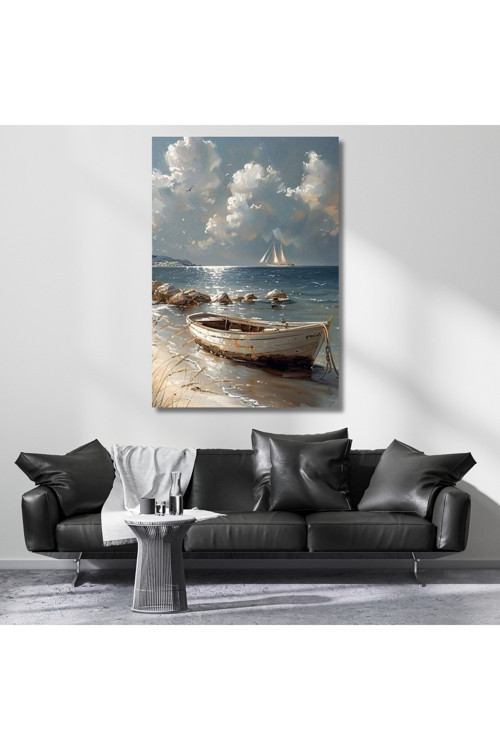 Yağlı Boya Görünümlü Kayık ve Deniz Kanvas Tablo Dijital Baskı Tablo