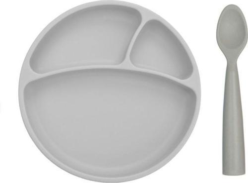 Vakum Tabanlı Silikon Tabak - Nam Nam Kaşık 2'li Set - Gri