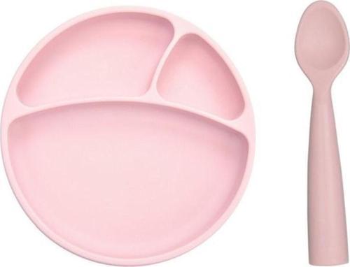 Vakum Tabanlı Silikon Tabak - Nam Nam Kaşık 2'li Set - Pembe