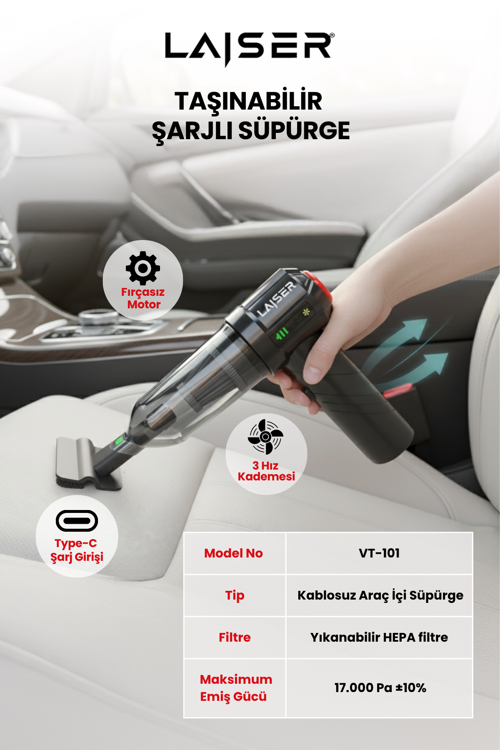 Mini, Katlanabilir LED Ekranlı 17.000 PA 3ın1 Çekme-Vakum-Üfleme Özellikli Şarjlı Araç Süpürgesi