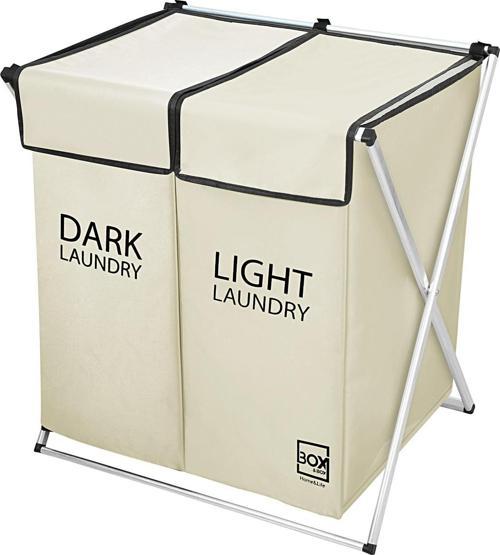 2 Bölmeli Çamaşır ve Kirli Sepeti, Krem, Makinede Yıkanabilir Kumaş, 54x42x58 cm