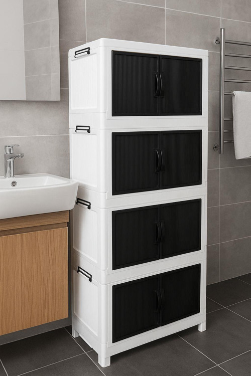 Safir 4 Lü Özel Set Katlanabilir Modüler Çok Amaçlı Kapaklı Portatif Istiflenebilir Organizer Dolap Beyaz