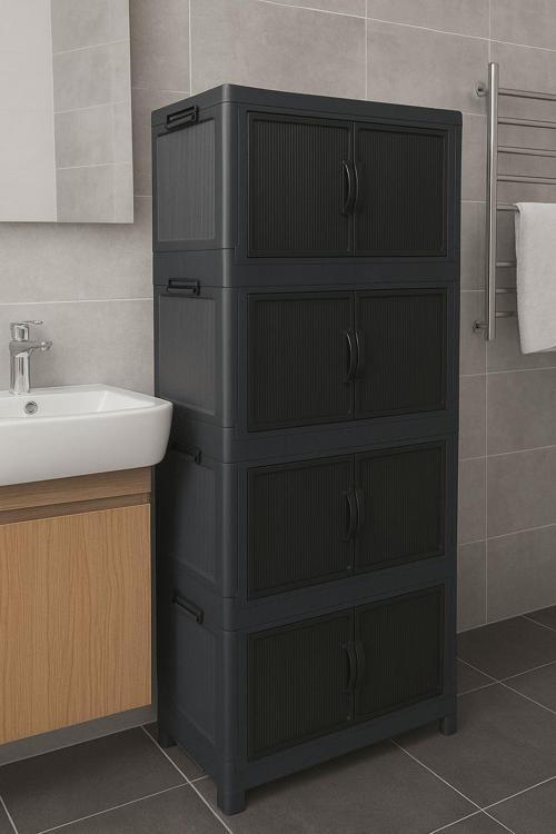 Safir 4 Lü Özel Set Katlanabilir Modüler Çok Amaçlı Kapaklı Portatif Istiflenebilir Organizer Dolap Antrasit