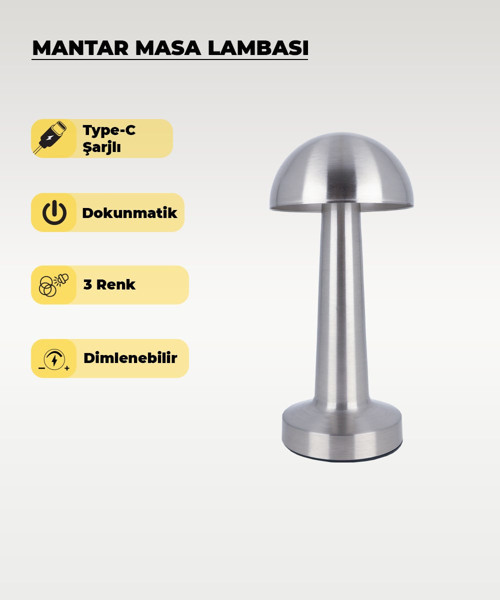 Krom Mantar Masa Lambası - Dokunmatik - 3 Renk Işık