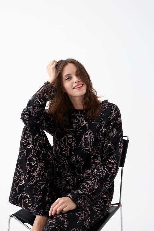 Kadın Oversize Siyah Line Art Desenli Pamuklu Kalın Pijama Takımı