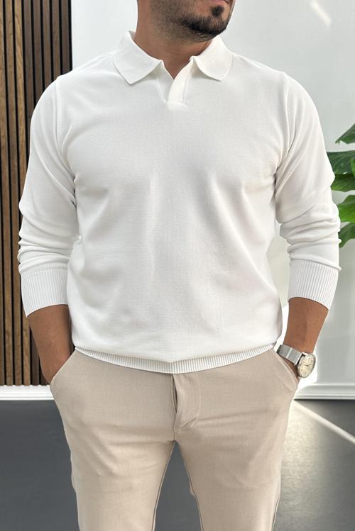 Erkek Açık Yaka Düz Desen Normal Kalıp Kazak Beyaz Edw423