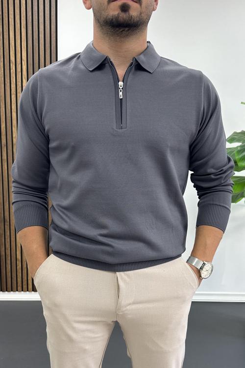 Erkek Yarım Fermuarlı Düz Desen Polo Yaka Kazak Antrasit Edw424