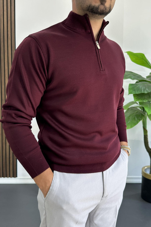 Erkek Yarım Fermuarlı Normal Kalıp Kazak Bordo Edw411