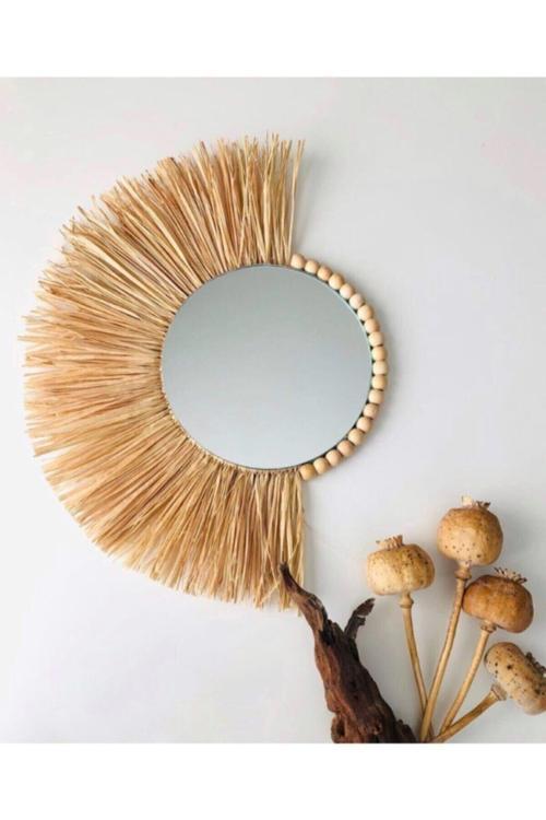 Dekoratif Ayna Yelpaze Rafya Ayna Boncuklu Duvar Süsü Bohemian Style Ayna