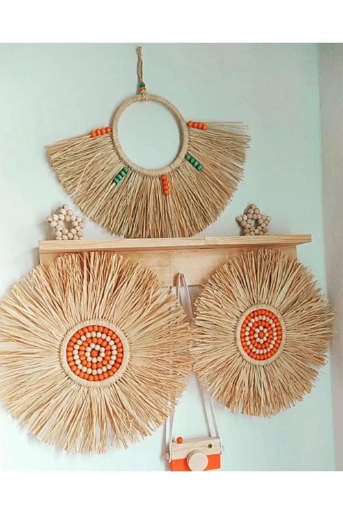 Rafya Bohem 3 Lü Set Duvar Aksesuar Süsü