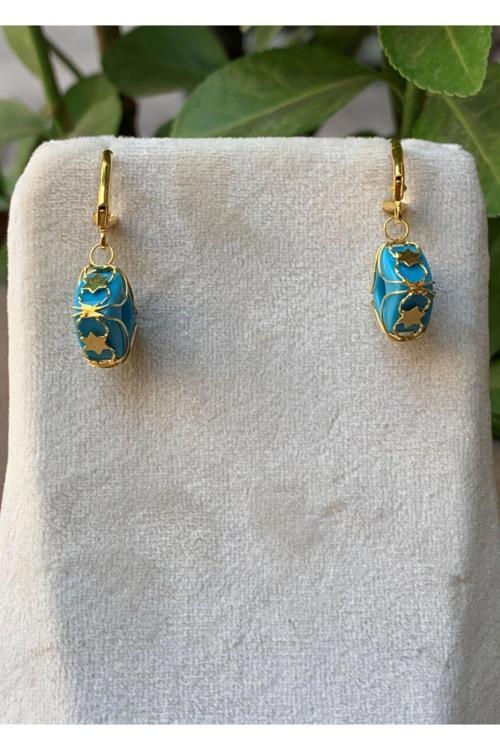 14 Ayar Altın Turkuaz Boncuklu Kafesli Küpe