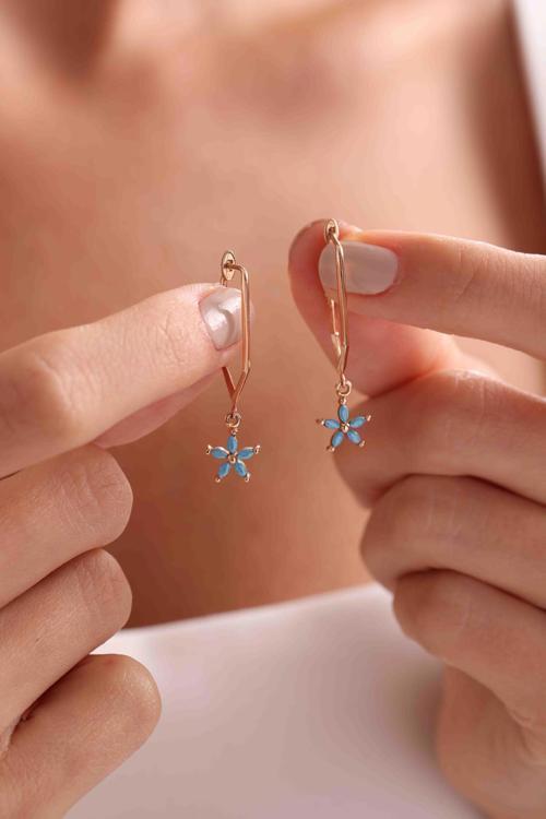 14 Ayar Altın Turkuaz Çiçek Küpe