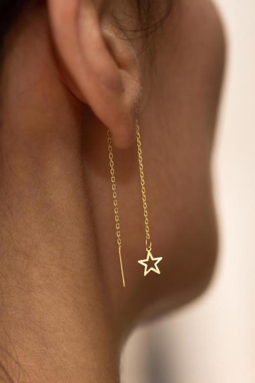 14 Ayar Altın Zincirli Yıldız Küpe