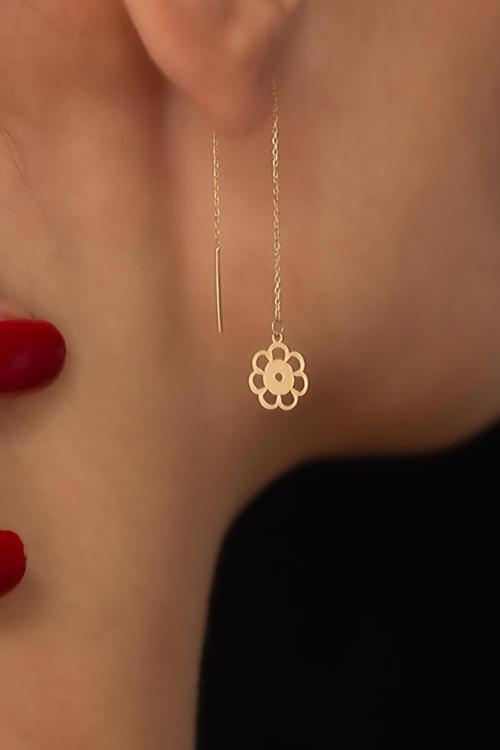 14 Ayar Altın Yuvarlak Çiçekli Zincir Küpe