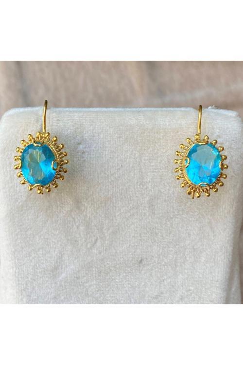 14 Ayar Altın Mavi Güneş Taşlı Küpe