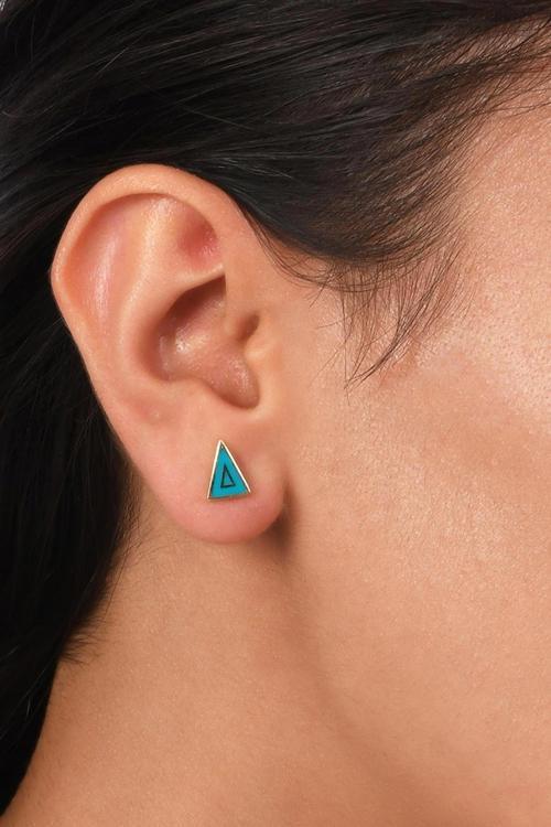 14 Ayar Altın Mavi Mineli Üçgen Küpe