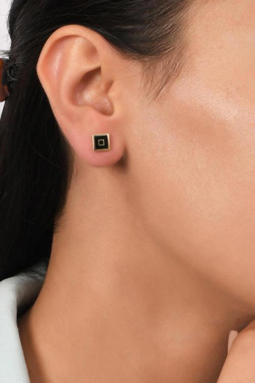 14 Ayar Altın Siyah Mineli Kare Küpe