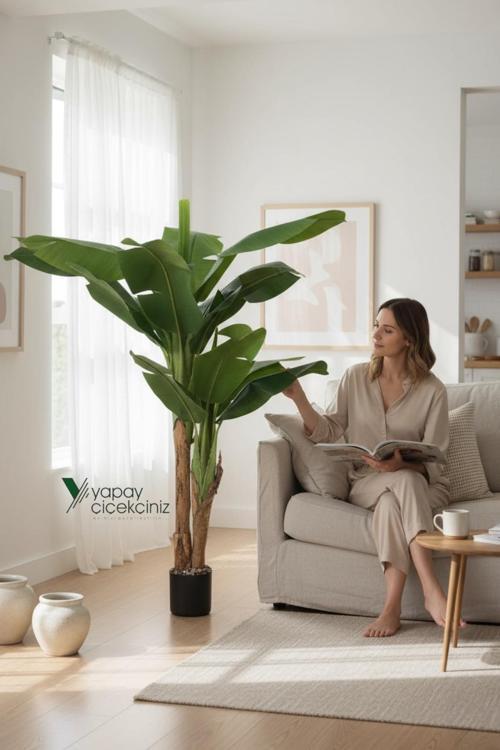 145 Cm 13 Dallı Islak Görünüm Yoğun İri Yapraklı Yapay Muz Ağacı