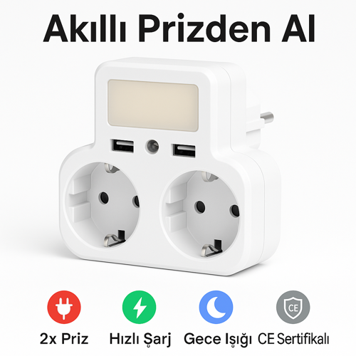 Duvar Prizi Çift USB Girişli Işıklı Otomatik Sensörlü LED Işık 5V/2.4A Hızlı Şarj CE Sertifikalı 