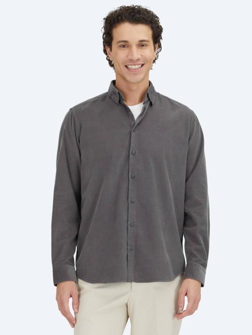 Gri Çizgili Regular Fit Dokuma Kadife Casual %100 Pamuk Gömlek