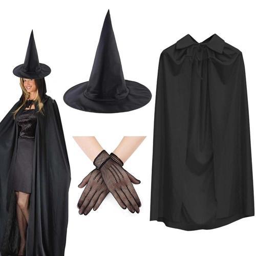 120 cm Siyah Yakalı Cadı Pelerini Cadı Şapkası ve 1 Çift Siyah Kısa File Tüm Eldiven Seti 3 Parça