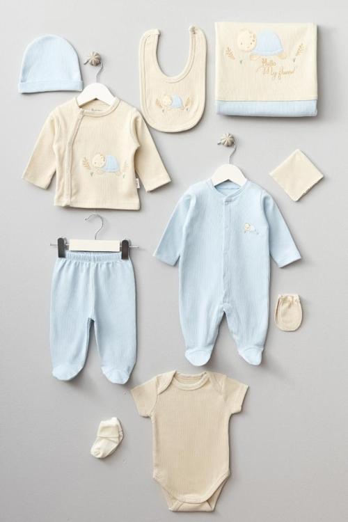 %100 Pamuk Kaplumbağa Desenli 10 Parça Kutulu Hastane Çıkısı Seti BBTF.MV.10077