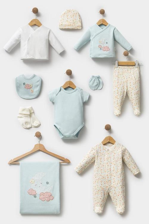 %100 Pamuk Sevimli Ay ve Bulut Desenli 10 Parça Kutulu Yenidoğan Hastane Çıkışı Zıbın Seti BBTF.SYSL.101