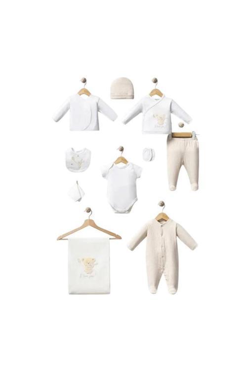 %100 Pamuk Sarılan Ayıcık Desenli 10 Parça Kutulu Yenidoğan Hastane Çıkışı Zıbın Seti BBTF.BJ.10099