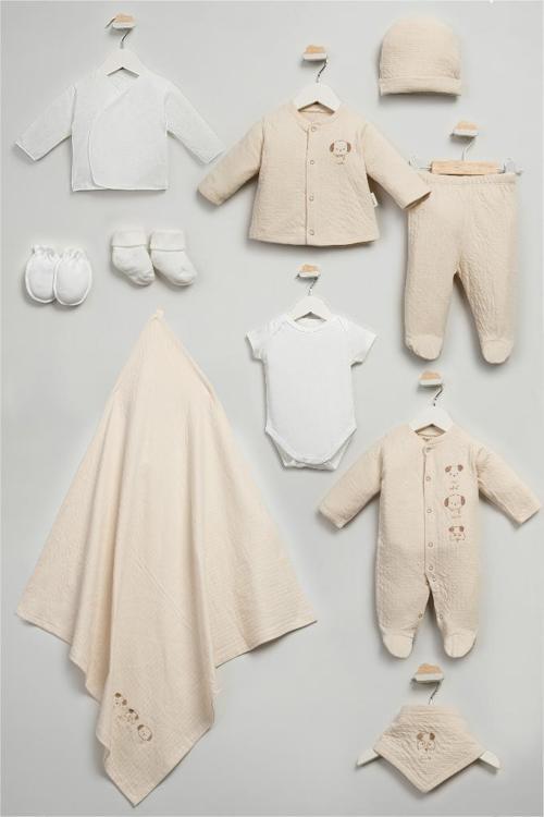 %100 Pamuk Sevimli Köpekcikler Desenli 10 Parça Kutulu Yenidoğan Hastane Çıkışı Zıbın Seti BBTF.BJ.10116