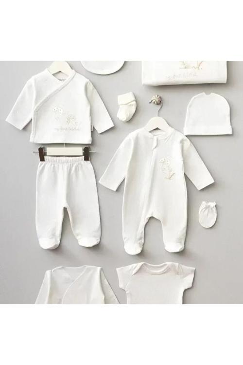 %100 Pamuk Sevimli Uğur Böceği Desenli 10 Parça Kutulu Yenidoğan Hastane Çıkışı Zıbın Seti Ekru BBTF.EKR.10122