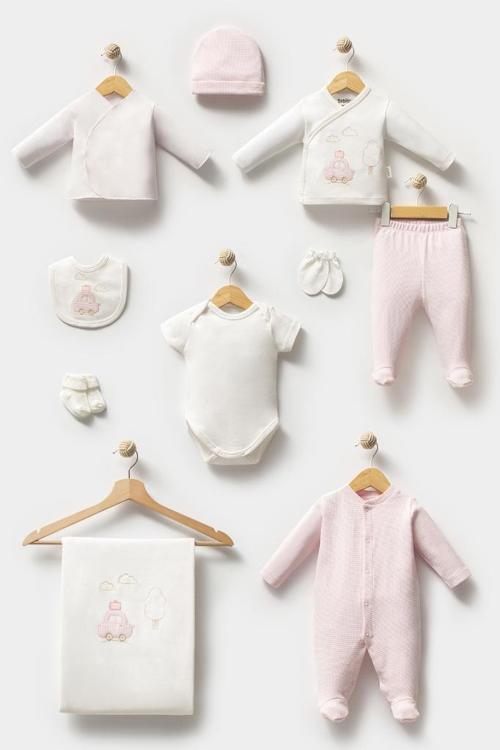 %100 Pamuk Sevimli Araba Desenli 10 Parça Kutulu Yenidoğan Hastane Çıkışı Zıbın Seti BBTF.PMB.10109