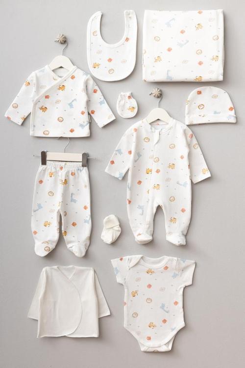 %100 Pamuk Ormanın Sevimli Canlıları Desenli 10 Parça Kutulu Yenidoğan Hastane Çıkışı Zıbın Seti BBTF.EKR.10113