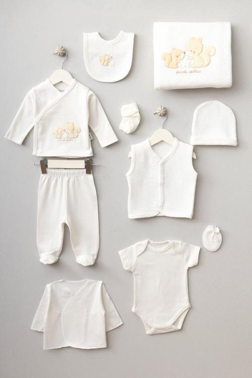 %100 Pamuk Sevimli Yıldızlı Sincaplar Desenli 10 Parça Kutulu Yenidoğan Hastane Çıkışı Zıbın Seti Ekru BBTF.EKR.