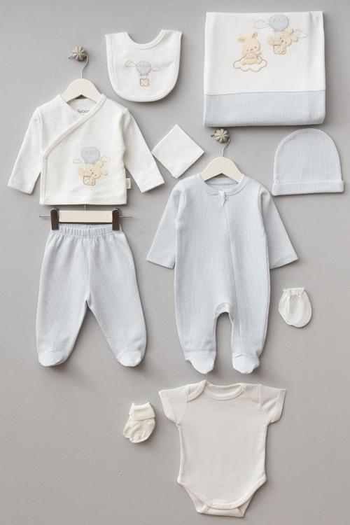 %100 Pamuk Balonlu Tavşan Desenli 10 Parça Kutulu Yenidoğan Hastane Çıkışı Zıbın Seti BBTF.MV.10110