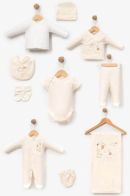 %100 Pamuk Sevimli Fil ve Zürafa Desenli 10 Parça Kutulu Yenidoğan Hastane Çıkışı Zıbın Seti Somon BBTF.SMN.1012