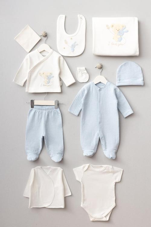 %100 Pamuk Sarılan Ayıcık Desenli 10 Parça Kutulu Yenidoğan Hastane Çıkışı Zıbın Seti BBTF.MV.10099