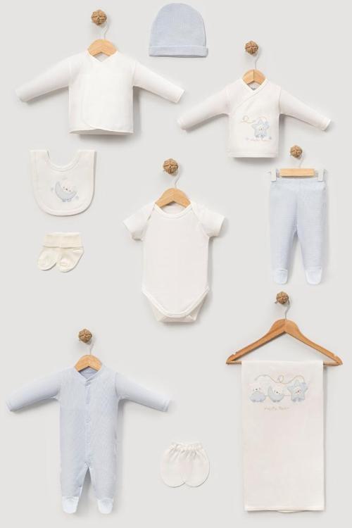 %100 Pamuk Sevimli Trendeki Ayıcık Desenli 10 Parça Kutulu Yenidoğan Hastane Çıkışı Zıbın Seti Mavi BBTF.MV.1012