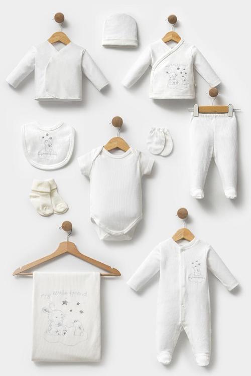 %100 Pamuk Sevimli Tavşanlar Desenli 10 Parça Kutulu Yenidoğan Hastane Çıkışı Zıbın Seti BBTF.EKR.10127