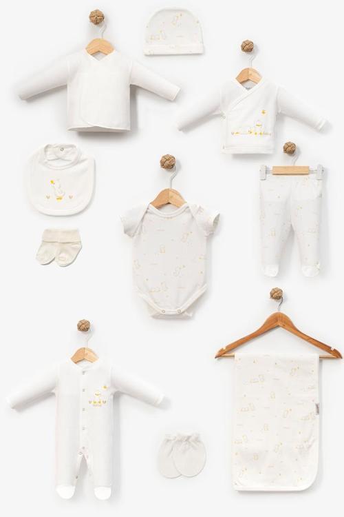 %100 Pamuk Sevimli Civciv Desenli 10 Parça Kutulu Yenidoğan Hastane Çıkışı Zıbın Seti BBTF.EKR.10130