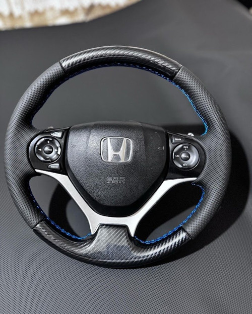Honda Civic FB7 Araca Özel Direksiyon Kılıfı (Kristal Karbon Soft Nokta Mavi İpli)
