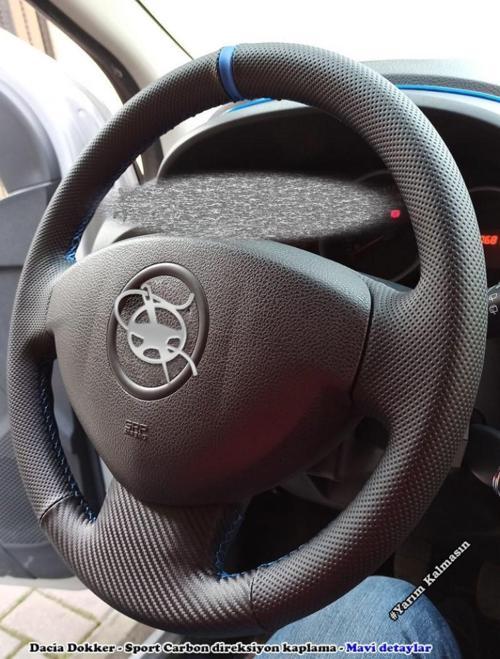Dacia Dokker Araca Özel Deri Direksiyon Kılıfı (Noktalı Karbon Yüzüklü)