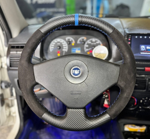 Fiat Albea Tam Uyumlu Direksiyon Kılıfı (Alcantra Karbon Mavi Yüzüklü)