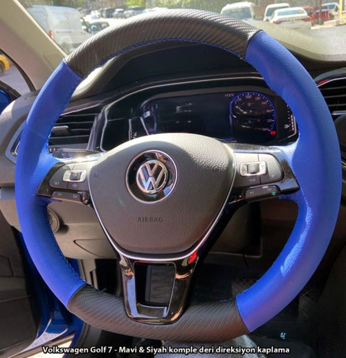 Golf 7 Jetta Passat Tiguan Polo-T-Roc F1 Dikmeli Araca Özel Direksiyon Kılıfı MAVİ DERİ KARBON
