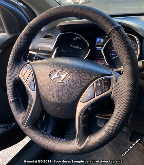 Hyundai i30 Elentra Araca Özel Dikmeli Direksiyon Kılıfı NOKTA DÜZ MAVİ İPLİ