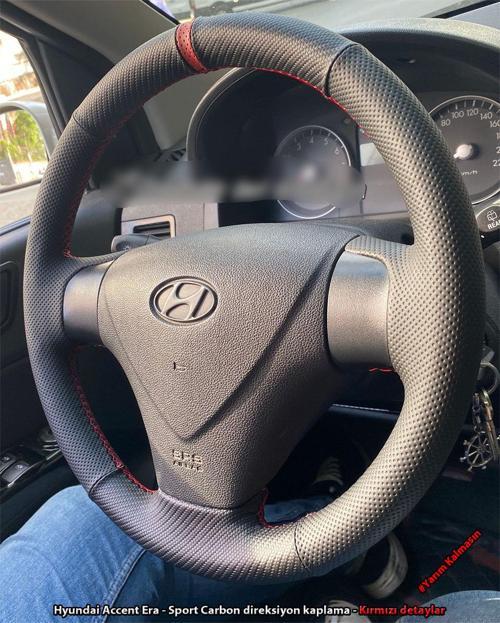 Hyundai Accent Era Araca Özel Direksiyon Kılıfı (Nokta Karbon Kırmızı Yüzük)